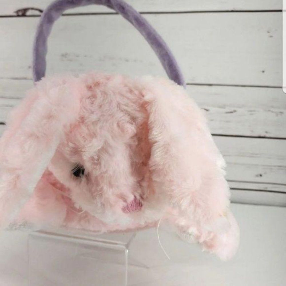 Animal Adventure Pink Plush Bunny Easter Basket Shaggy‎ Faux Fur Purple Handle - Picture 4 of 7